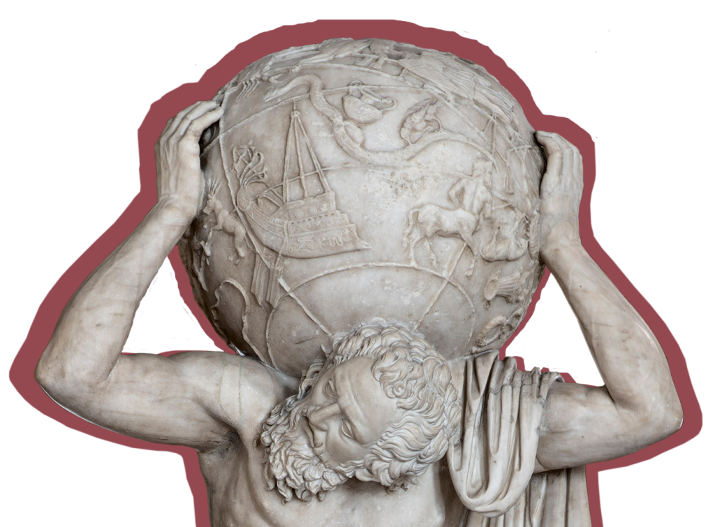 A sculpture of Atlas holding up the globe